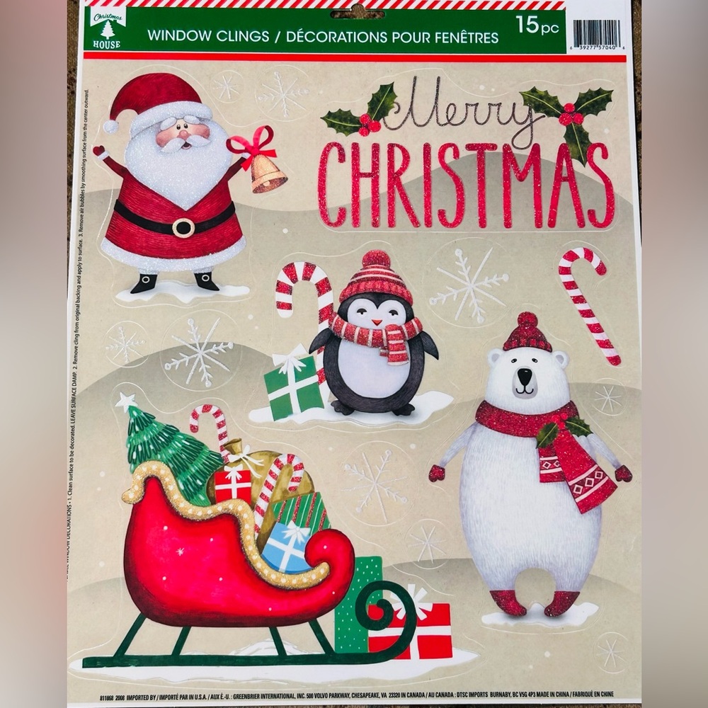 Static Window Clings Glittery Santa Sleigh Penguin Polar Bear Merry Christmas